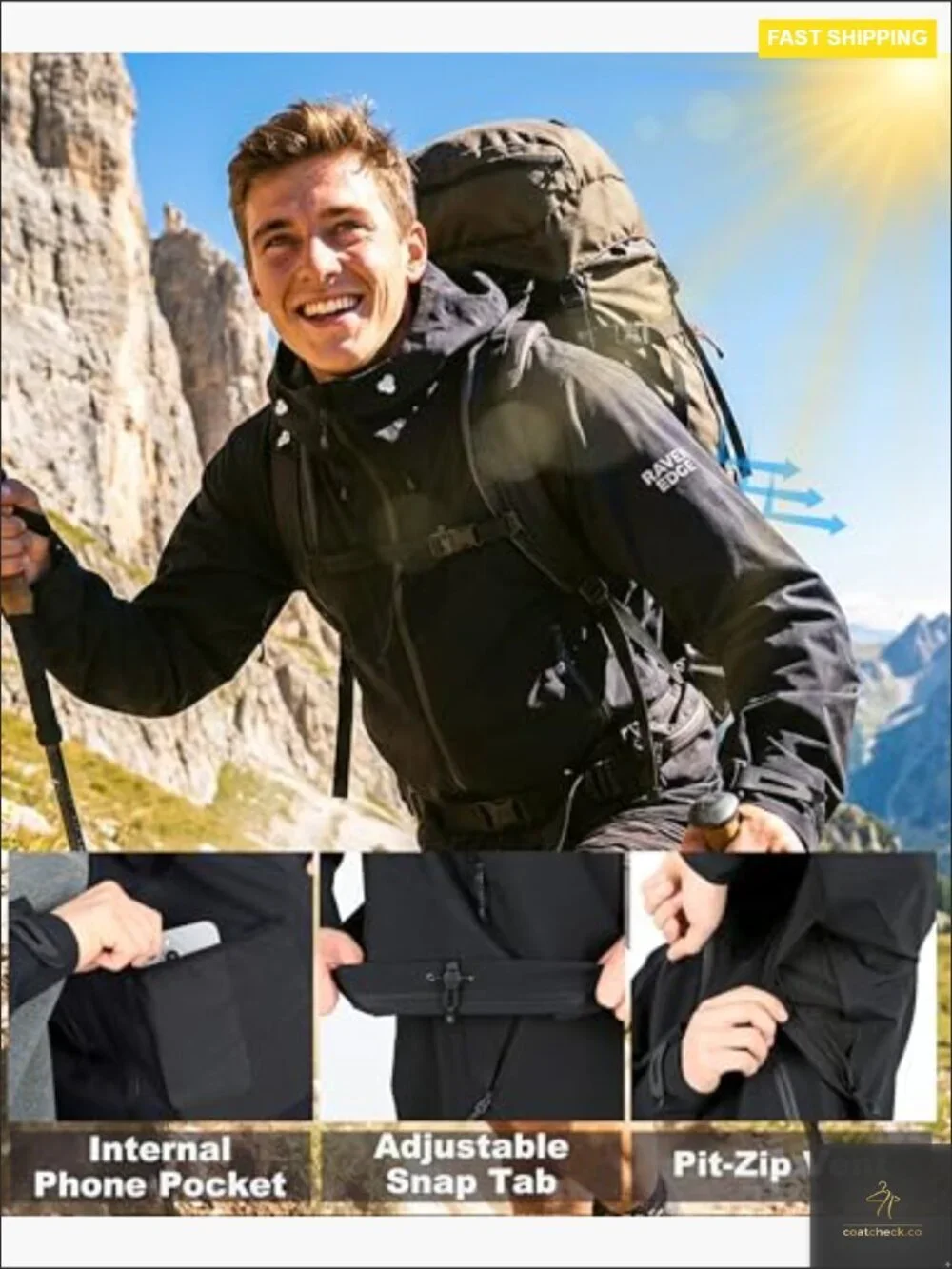 Men's Hardshell Rain Jacket Waterproof Breathable Hiking Windbreaker PFAS-Free
